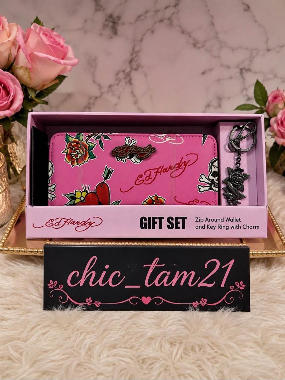 Ed Hardy Pink Tattoo Floral Zip-Around Wallet Gift Set with Key Ring